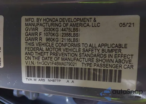 2021 Honda Accord Sport Special Edition z USA, uszkodzony, nr VIN 1HGCV1F45MA079021